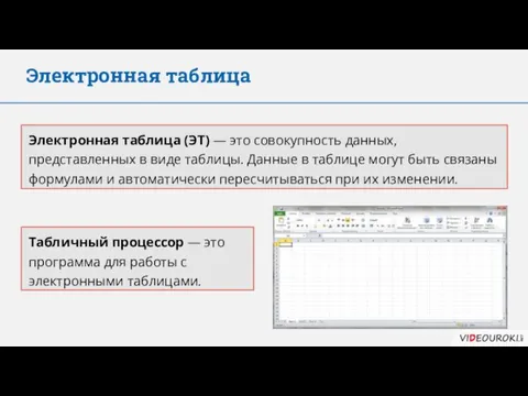 Электронная таблица Электронная таблица (ЭТ) — это совокупность данных, представленных в виде