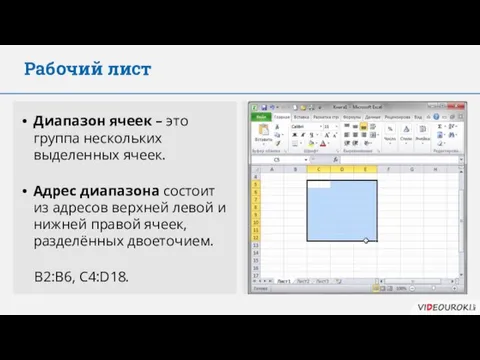 Рабочий лист Диапазон ячеек – это группа нескольких выделенных ячеек. Адрес диапазона