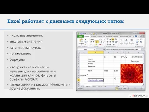 Excel работает с данными следующих типов: числовые значения; текстовые значения; дата и