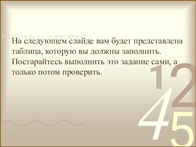 На следующем слайде вам будет представлена таблица, которую вы должны заполнить. Постарайтесь