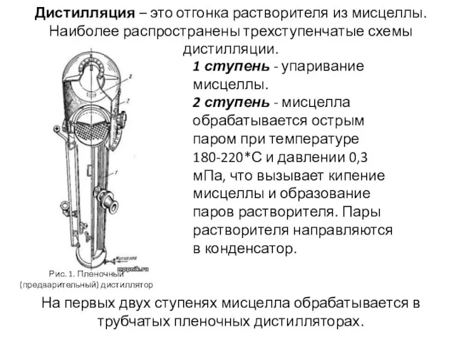 Дистилляция – это отгонка растворителя из мисцеллы. Наиболее распространены трехступенчатые схемы дистилляции.