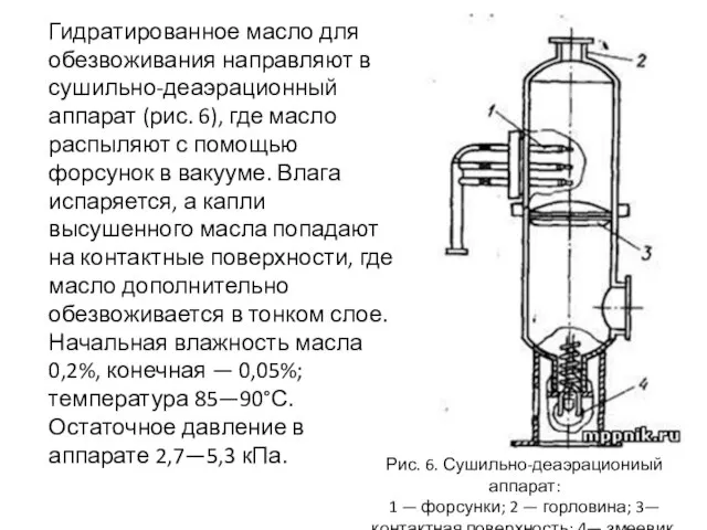 Гидратированное масло для обезвоживания направляют в сушильно-деаэрационный аппарат (рис. 6), где масло