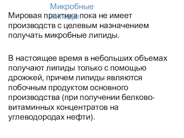 Мировая практика пока не имеет производств с целевым назначением получать микробные липиды.