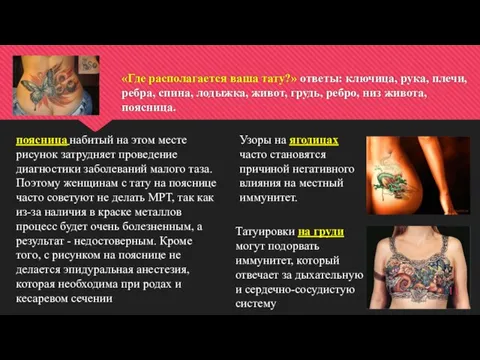 «Где располагается ваша тату?» ответы: ключица, рука, плечи, ребра, спина, лодыжка, живот,