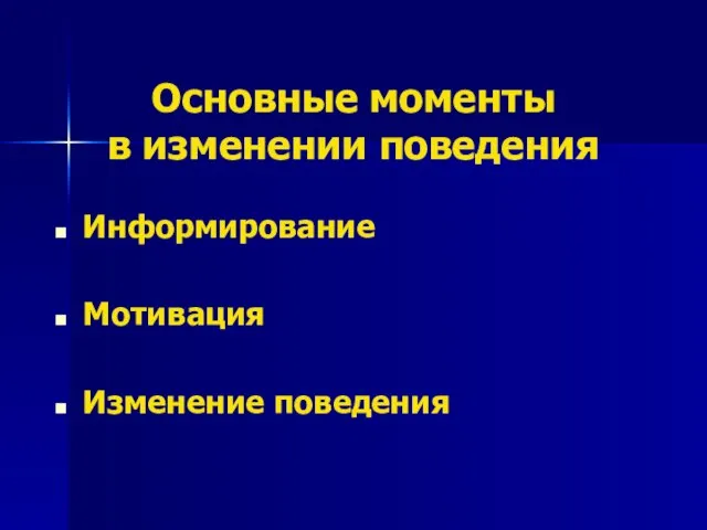 Основные моменты в изменении поведения Информирование Мотивация Изменение поведения