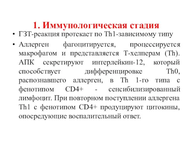 1. Иммунологическая стадия ГЗТ-реакция протекает по Th1-зависимому типу Аллерген фагоцитируется, процессируется макрофагом