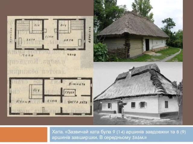 Хата. «Зазвичай хата була 9 (14) аршинів завдовжки та 8 (9) аршинів завширшки. В середньому 5х6м.»