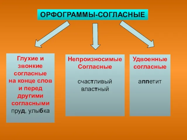 ОРФОГРАММЫ-СОГЛАСНЫЕ Глухие и звонкие согласные на конце слов и перед другими согласными