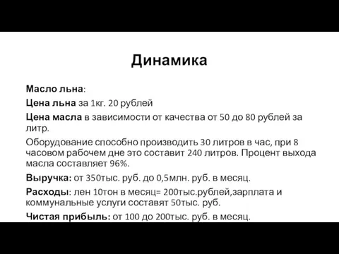 Динамика Масло льна: Цена льна за 1кг. 20 рублей Цена масла в