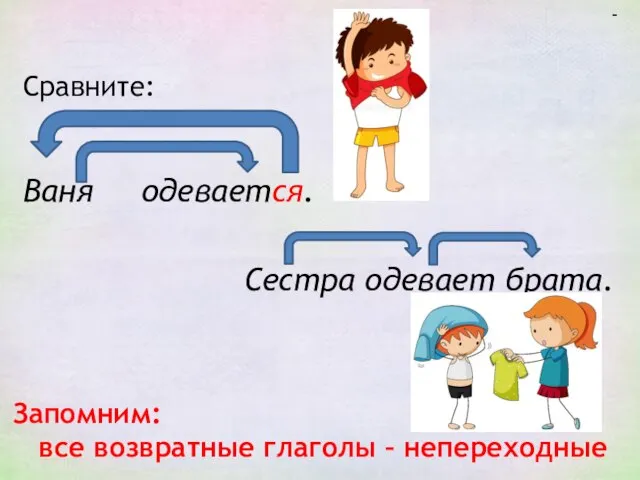 - Сравните: Ваня одевается. Сестра одевает брата. Запомним: все возвратные глаголы – непереходные