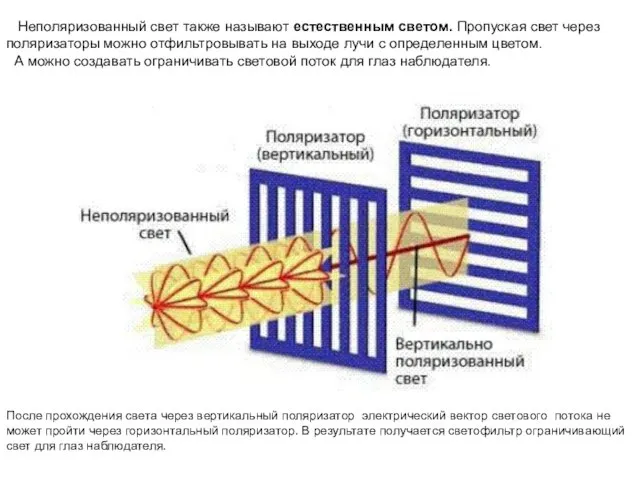 Неполяризованный свет также называют естественным светом. Пропуская свет через поляризаторы можно отфильтровывать