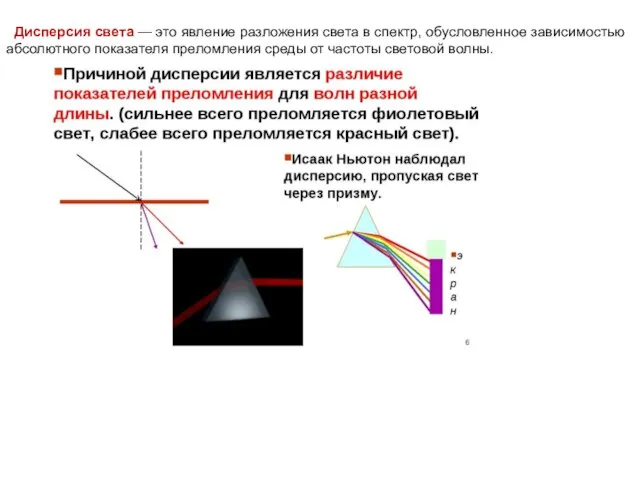 Дисперсия света — это явление разложения света в спектр, обусловленное зависимостью абсолютного