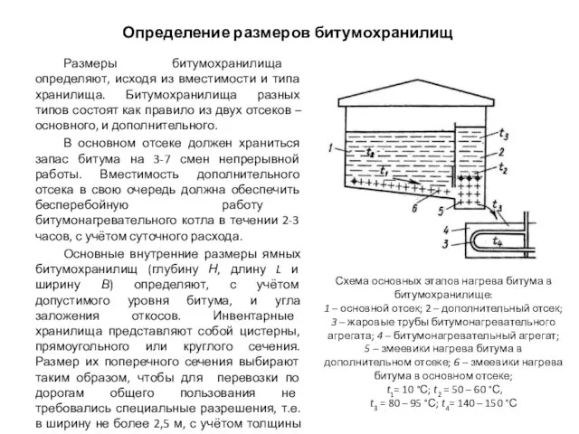 Размеры битумохранилища определяют, исходя из вместимости и типа хранилища. Битумохранилища разных типов