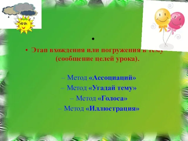 Этап вхождения или погружения в тему (сообщение целей урока). Метод «Ассоциаций» Метод