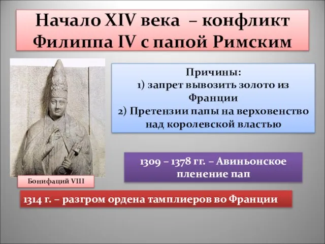 Начало XIV века – конфликт Филиппа IV с папой Римским Причины: 1)