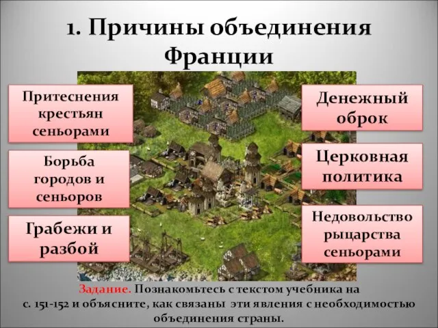 1. Причины объединения Франции Задание. Познакомьтесь с текстом учебника на с. 151-152