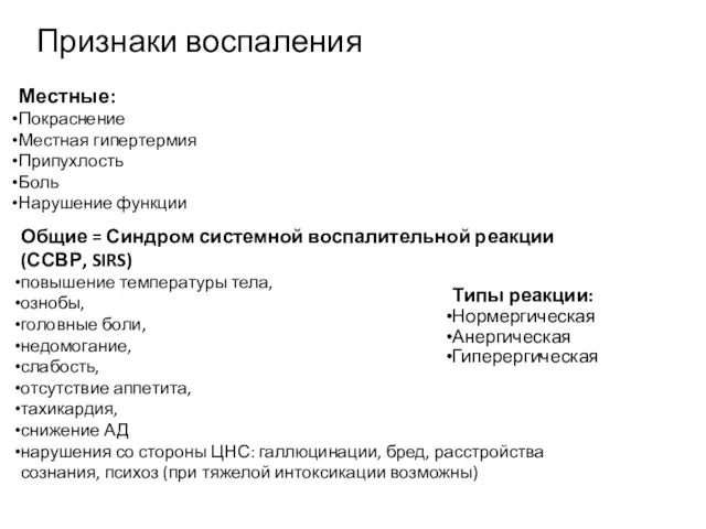 Признаки воспаления Местные: Покраснение Местная гипертермия Припухлость Боль Нарушение функции Общие =