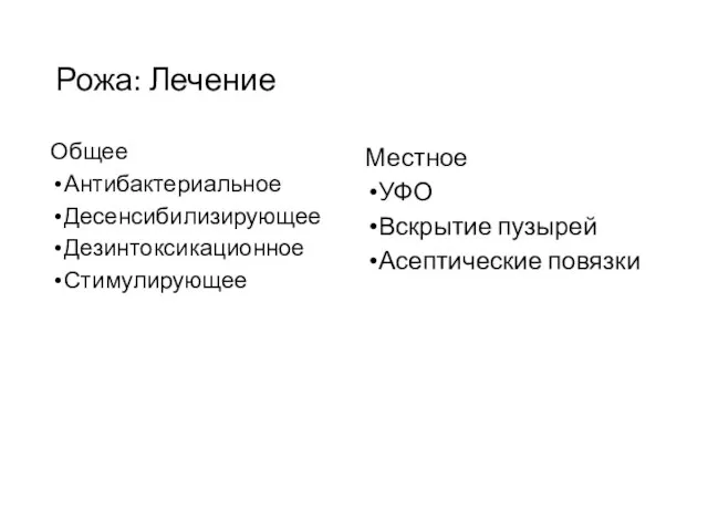 Рожа: Лечение Общее Антибактериальное Десенсибилизирующее Дезинтоксикационное Стимулирующее Местное УФО Вскрытие пузырей Асептические повязки