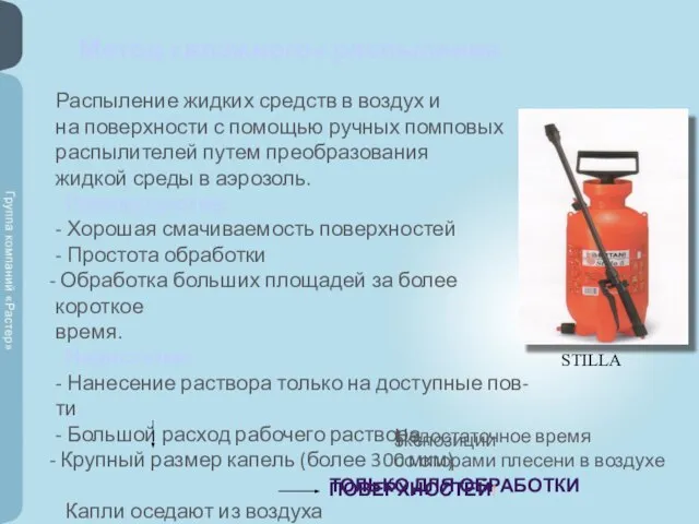 Метод «влажного» распыления Распыление жидких средств в воздух и на поверхности с