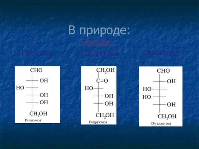 В природе: Гексозы: 1. Глюкоза. 2.Фруктоза. 3. Галактоза.