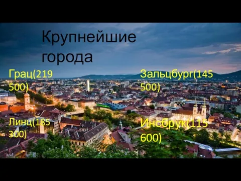 Крупнейшие города Грац(219 500) Линц(185 300) Зальцбург(145 500) Инсбрук(115 600)