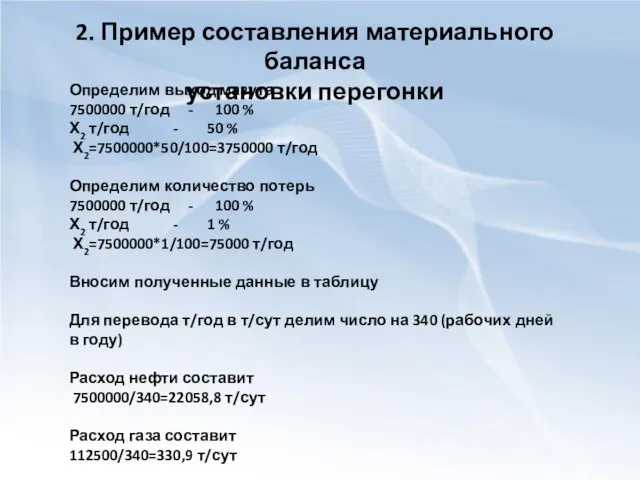 2. Пример составления материального баланса установки перегонки Определим выход мазута 7500000 т/год