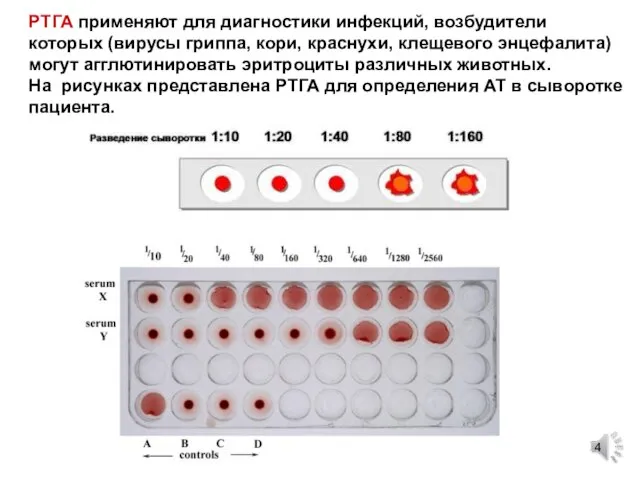 РТГА применяют для диагностики инфекций, возбудители которых (вирусы гриппа, кори, краснухи, клещевого