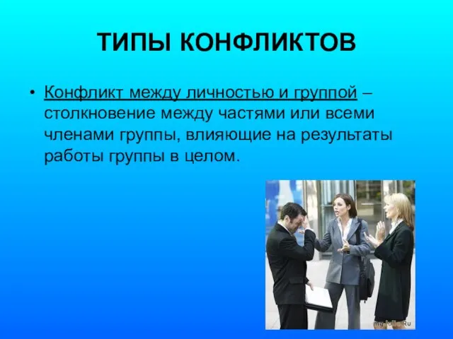 ТИПЫ КОНФЛИКТОВ Конфликт между личностью и группой – столкновение между частями или