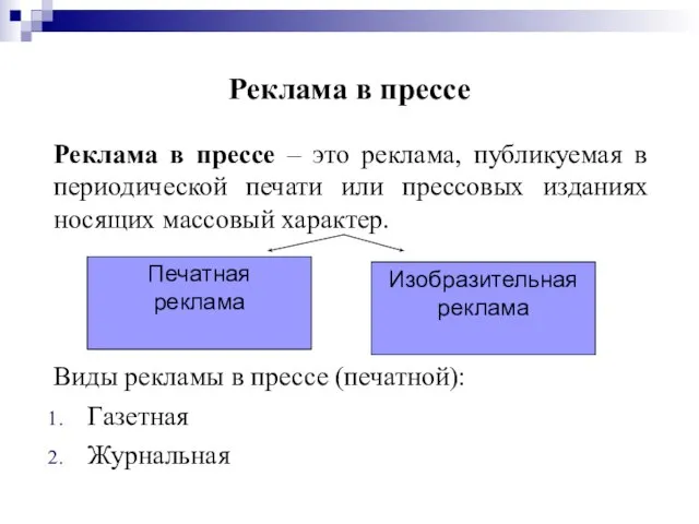 Реклама в прессе Реклама в прессе – это реклама, публикуемая в периодической