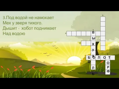 3.Под водой не намокает Мех у зверя тихого. Дышит - хобот поднимает