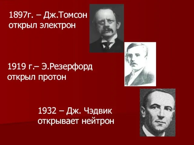 1897г. – Дж.Томсон открыл электрон 1919 г.– Э.Резерфорд открыл протон 1932 – Дж. Чэдвик открывает нейтрон