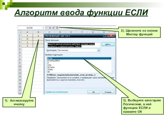 Алгоритм ввода функции ЕСЛИ 3). Выберите категорию Логические, в ней функцию ЕСЛИ