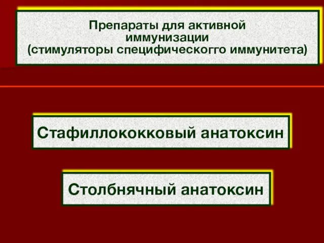 Препараты для активной иммунизации (стимуляторы специфическогго иммунитета) Стафиллококковый анатоксин Столбнячный анатоксин