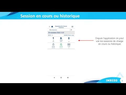 Depuis l’application on peut voir les sessions de charge en cours ou