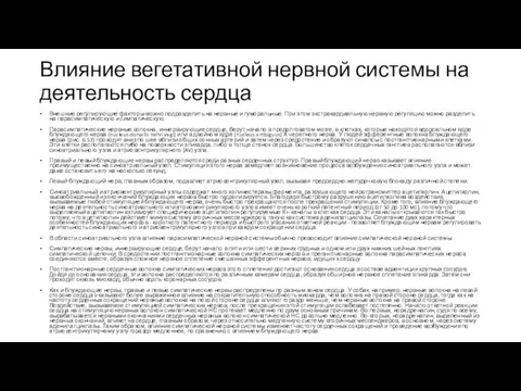 Влияние вегетативной нервной системы на деятельность сердца Внешние регулирующие факторы можно подразделить