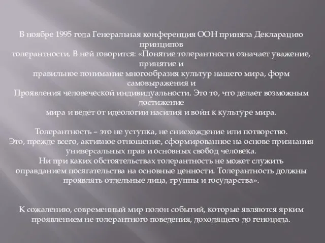 В ноябре 1995 года Генеральная конференция ООН приняла Декларацию принципов толерантности. В