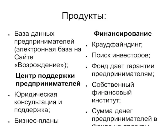 Продукты: База данных предпринимателей (электронная база на Сайте «Возрождение»); Центр поддержки предпринимателей