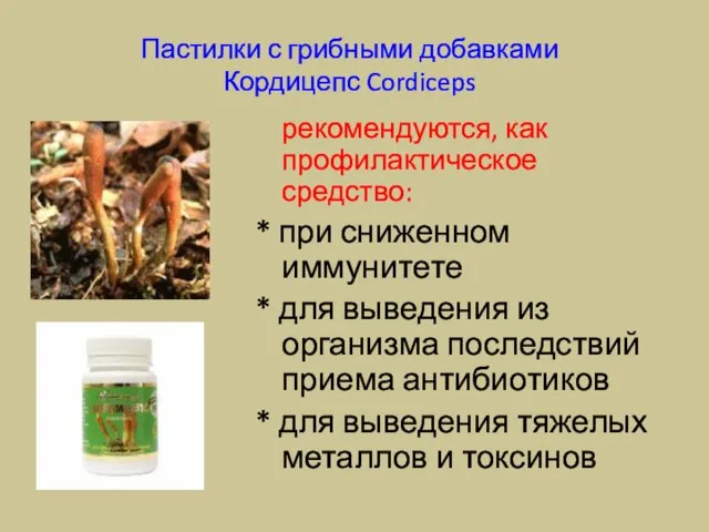 Пастилки с грибными добавками Кордицепс Cordiceps рекомендуются, как профилактическое средство: * при