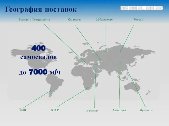 22 География поставок 400 самосвалов до 7000 м/ч Россия