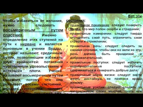 Вот эти состояния: правильное понимание: следует поверить Будде, что мир полон скорби