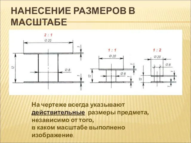 НАНЕСЕНИЕ РАЗМЕРОВ В МАСШТАБЕ На чертеже всегда указывают действительные размеры предмета, независимо