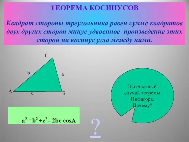 ТЕОРЕМА КОСИНУСОВ Квадрат стороны треугольника равен сумме квадратов двух других сторон минус