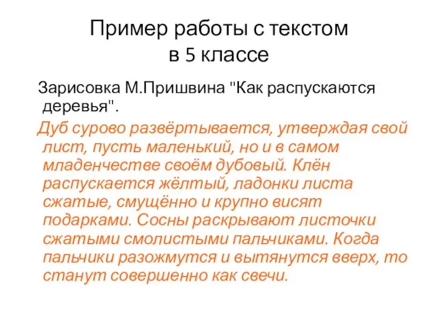 Пример работы с текстом в 5 классе Зарисовка М.Пришвина "Как распускаются деревья".