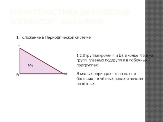 ХАРАКТЕРИСТИКА ХИМИЧЕСКИХ ЭЛЕМЕНТОВ - МЕТАЛЛОВ 1.Положение в Периодической системе Н Fr Me