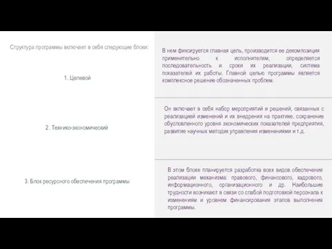 Структура программы включает в себя следующие блоки: 1. Целевой 2. Технико-экономический 3.