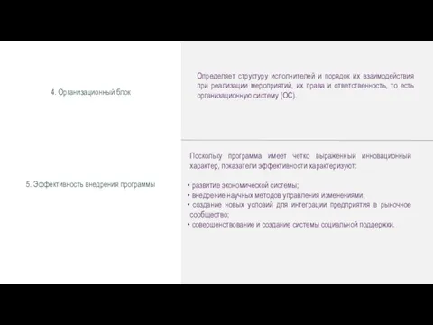 4. Организационный блок 5. Эффективность внедрения программы Определяет структуру исполнителей и порядок