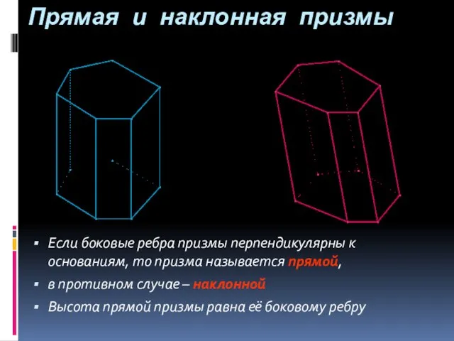 Если боковые ребра призмы перпендикулярны к основаниям, то призма называется прямой, в