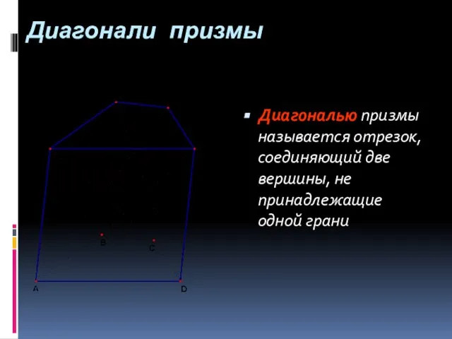 Диагонали призмы Диагональю призмы называется отрезок, соединяющий две вершины, не принадлежащие одной грани