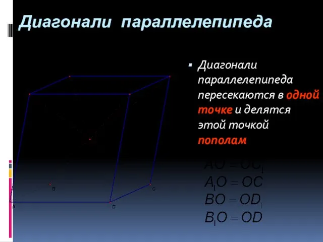 Диагонали параллелепипеда Диагонали параллелепипеда пересекаются в одной точке и делятся этой точкой пополам