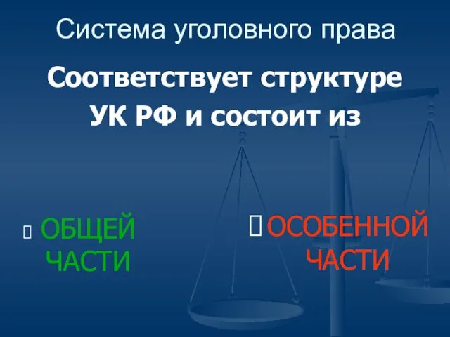 Система уголовного права ОБЩЕЙ ЧАСТИ ОСОБЕННОЙ ЧАСТИ Соответствует структуре УК РФ и состоит из